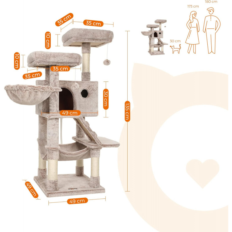 Klatretre i flere nivåer, 135 cm – myk beskyttelse, lysebrun