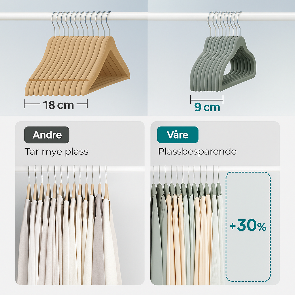 Kleshengere 30-pakning i fløyel – sklisikre og plassbesparende