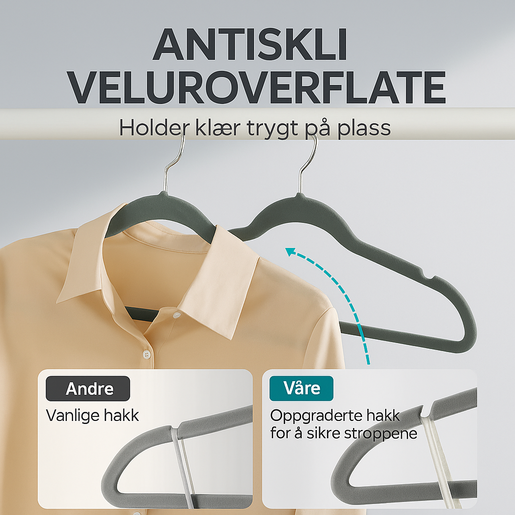 Kleshengere 30-pakning i fløyel – sklisikre og plassbesparende