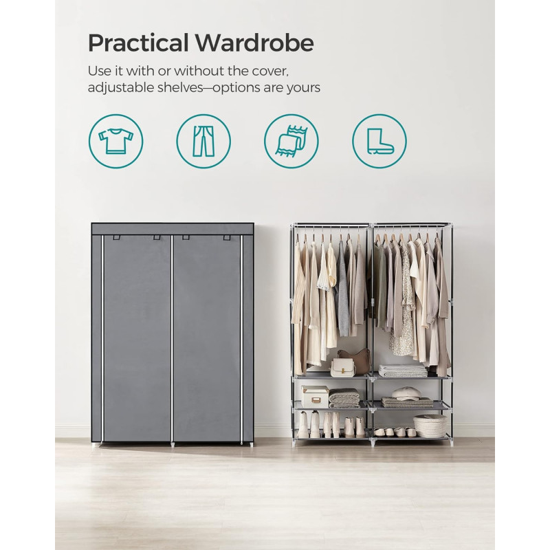 Klesskap i stoff med dobbel klesstang – lysegrå, 127 × 45 × 176 cm