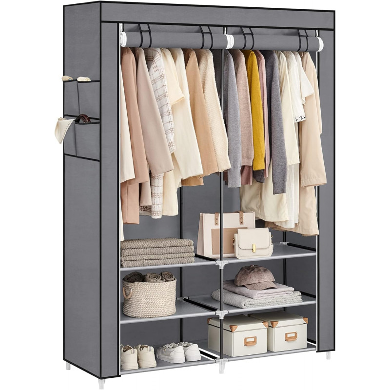 Klesskap i stoff med dobbel klesstang – lysegrå, 127 × 45 × 176 cm