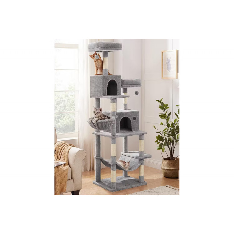 Kloretre 199 cm i flere nivåer med 2 huler, hengekøye og plattformer, grå plysj og sisal