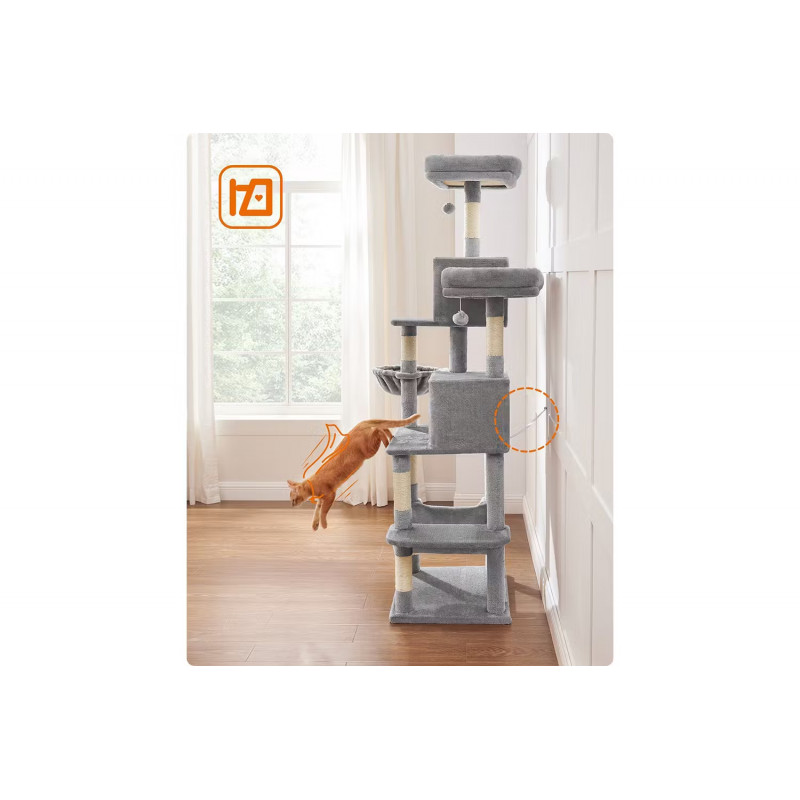 Kloretre 199 cm i flere nivåer med 2 huler, hengekøye og plattformer, grå plysj og sisal