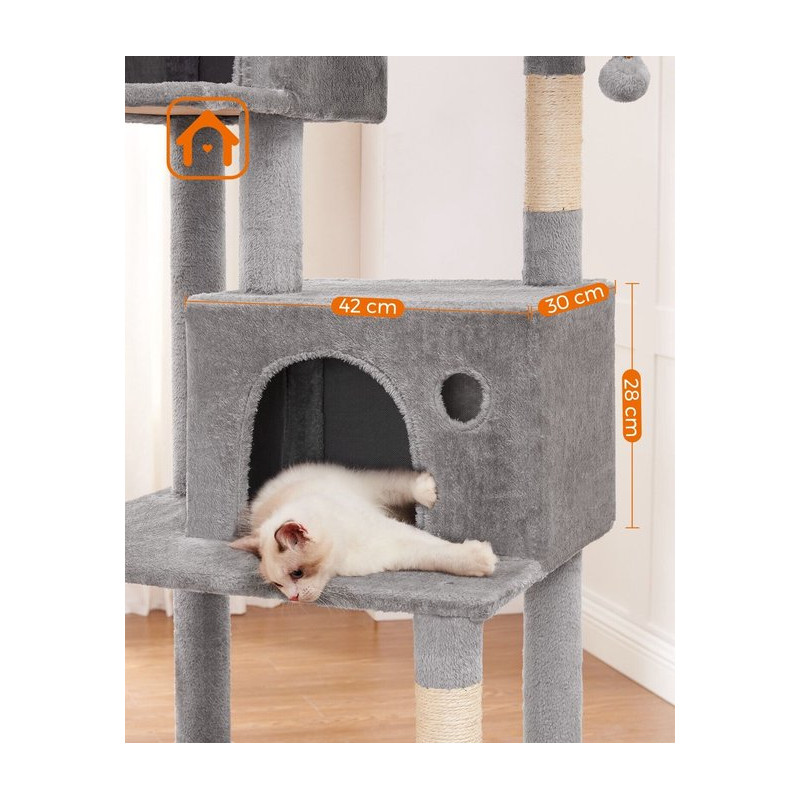 Kloretre 199 cm i flere nivåer med 2 huler, hengekøye og plattformer, grå plysj og sisal