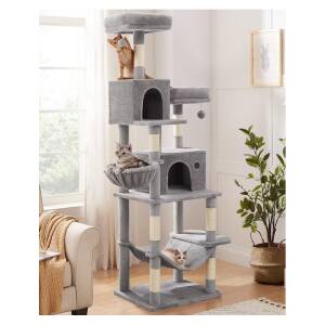 Kloretre 199 cm i flere nivåer med 2 huler, hengekøye og plattformer, grå plysj og sisal