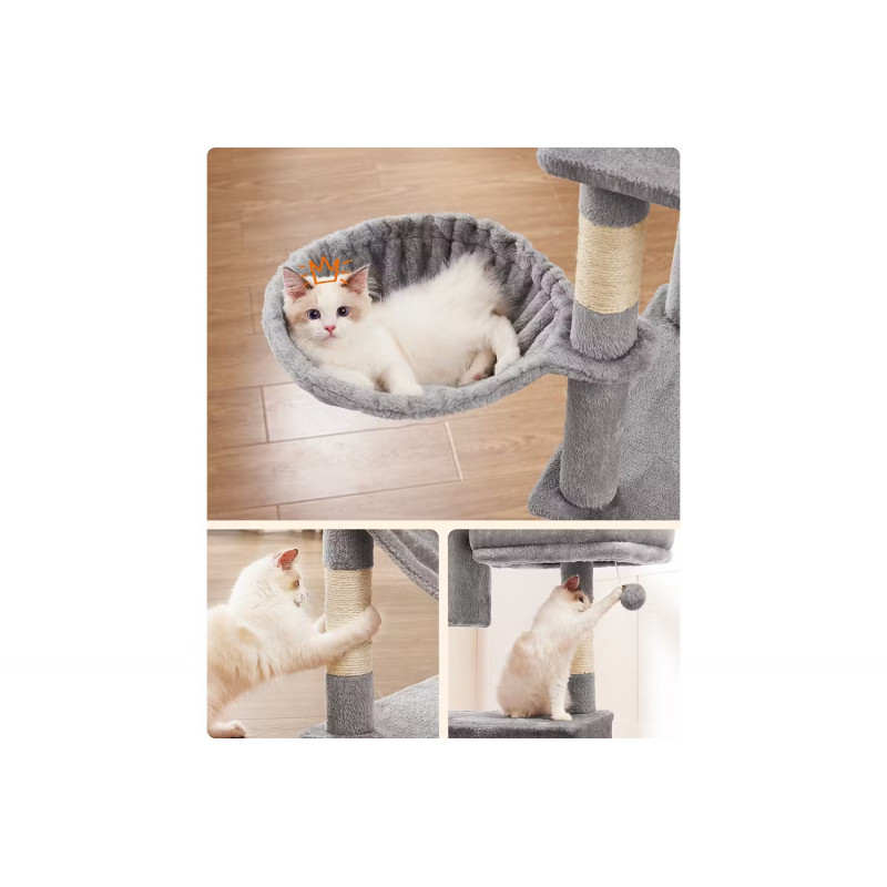 Kloretre 199 cm i flere nivåer med 2 huler, hengekøye og plattformer, grå plysj og sisal