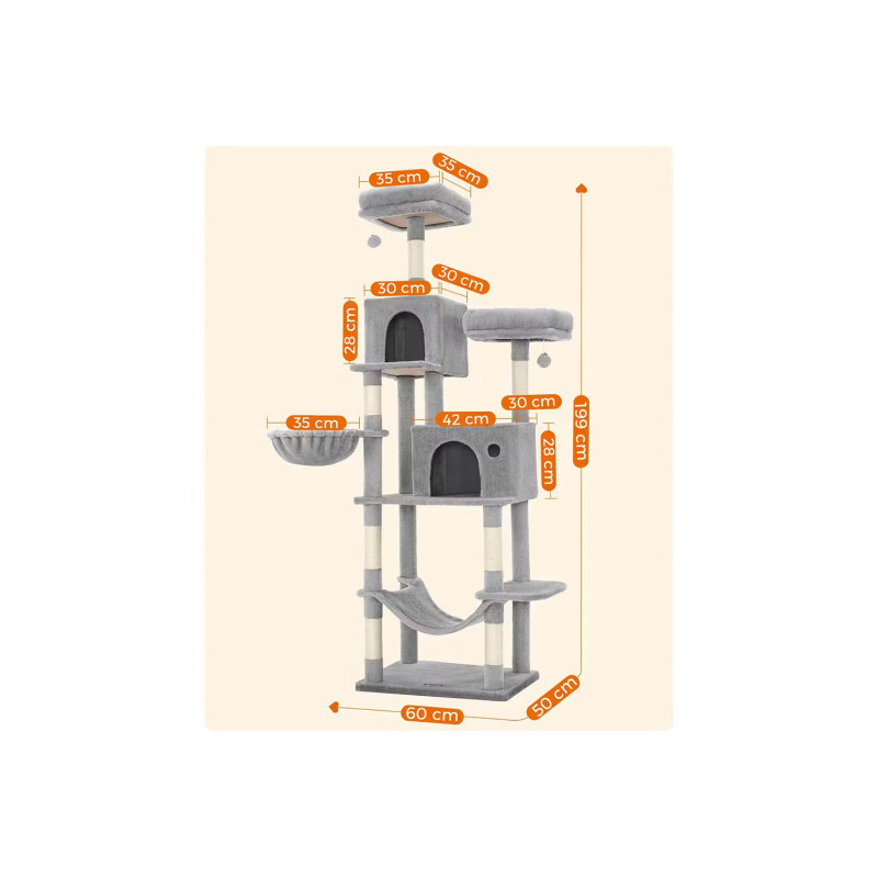Kloretre 199 cm i flere nivåer med 2 huler, hengekøye og plattformer, grå plysj og sisal