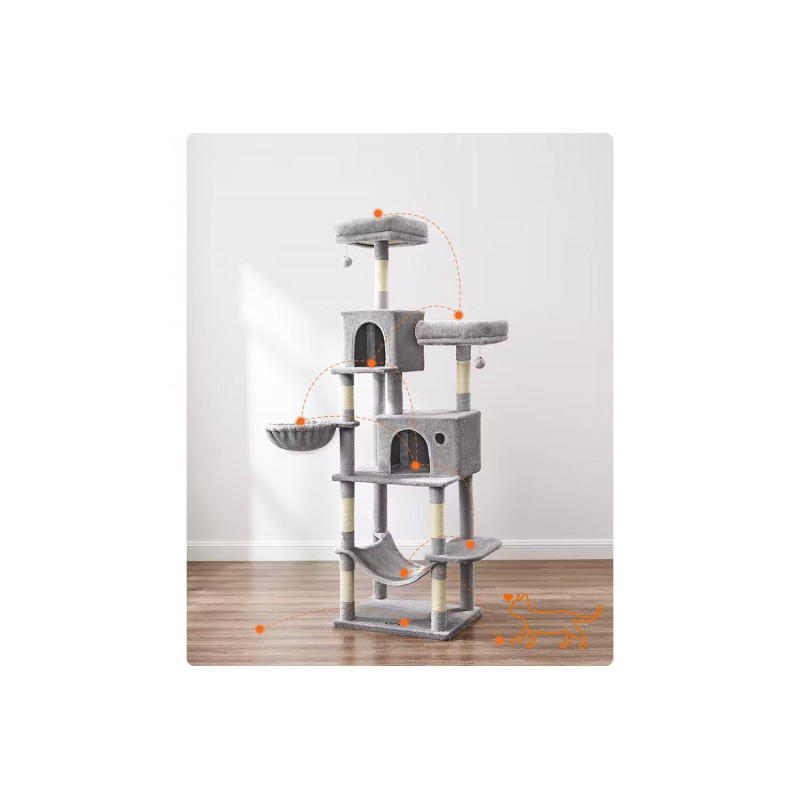 Kloretre 199 cm i flere nivåer med 2 huler, hengekøye og plattformer, grå plysj og sisal