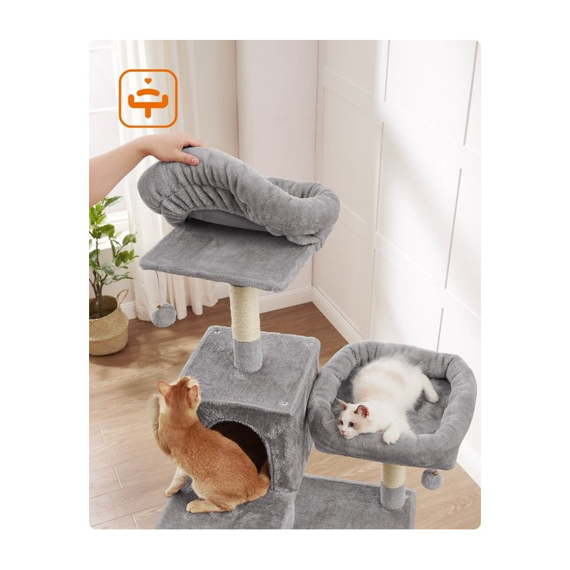 Kloretre 199 cm i flere nivåer med 2 huler, hengekøye og plattformer, grå plysj og sisal