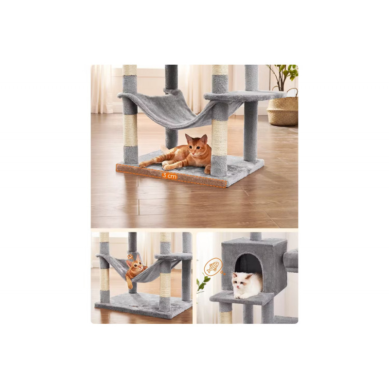 Kloretre 199 cm i flere nivåer med 2 huler, hengekøye og plattformer, grå plysj og sisal