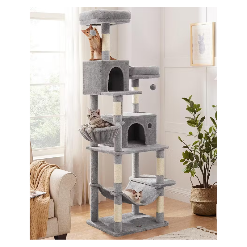 Kloretre 199 cm i flere nivåer med 2 huler, hengekøye og plattformer, grå plysj og sisal