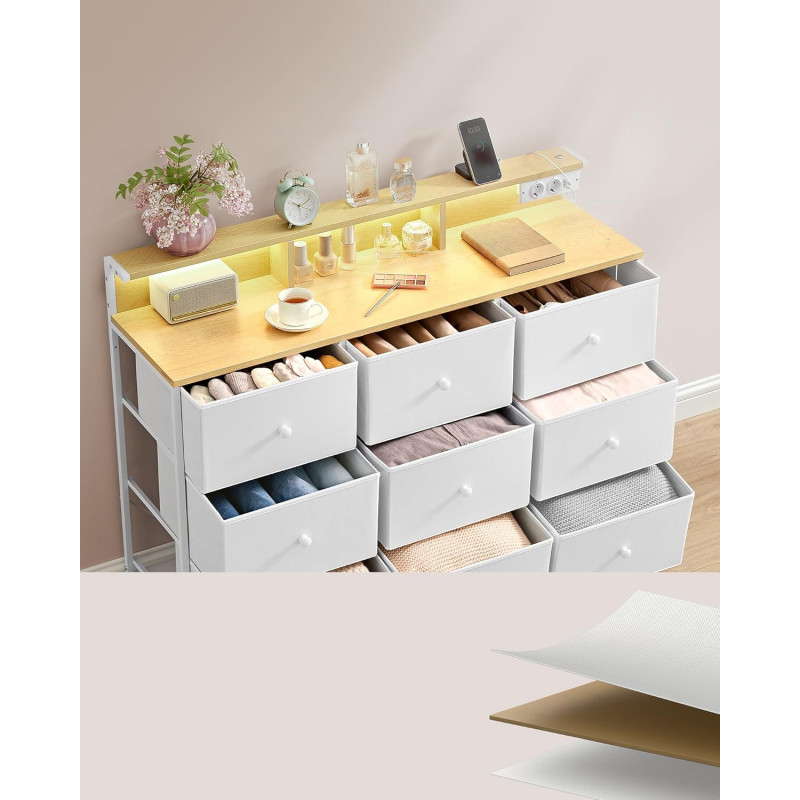 Kommode 114 × 33,5 × 84 cm med 9 stoffskuffer og LED-lys – hvit eik