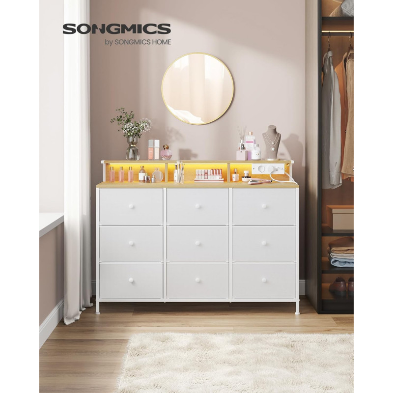 Kommode 114 × 33,5 × 84 cm med 9 stoffskuffer og LED-lys – hvit eik