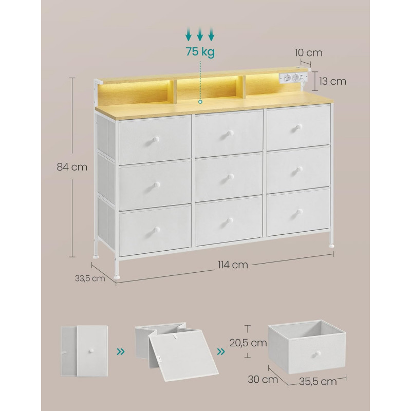 Kommode 114 × 33,5 × 84 cm med 9 stoffskuffer og LED-lys – hvit eik