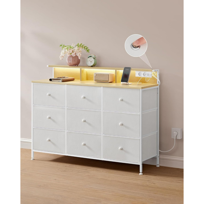Kommode 114 × 33,5 × 84 cm med 9 stoffskuffer og LED-lys – hvit eik