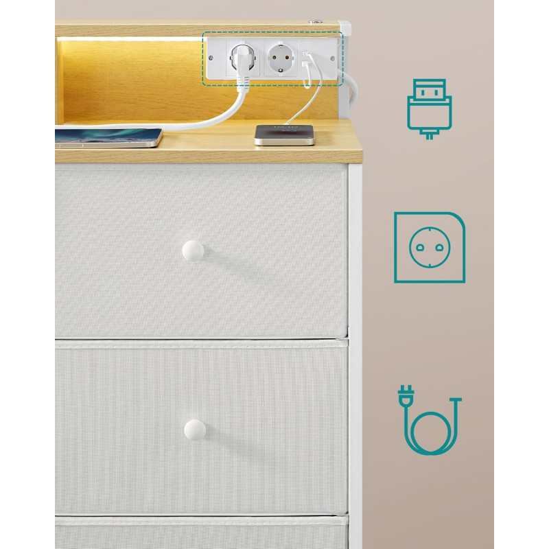 Kommode 114 × 33,5 × 84 cm med 9 stoffskuffer og LED-lys – hvit eik
