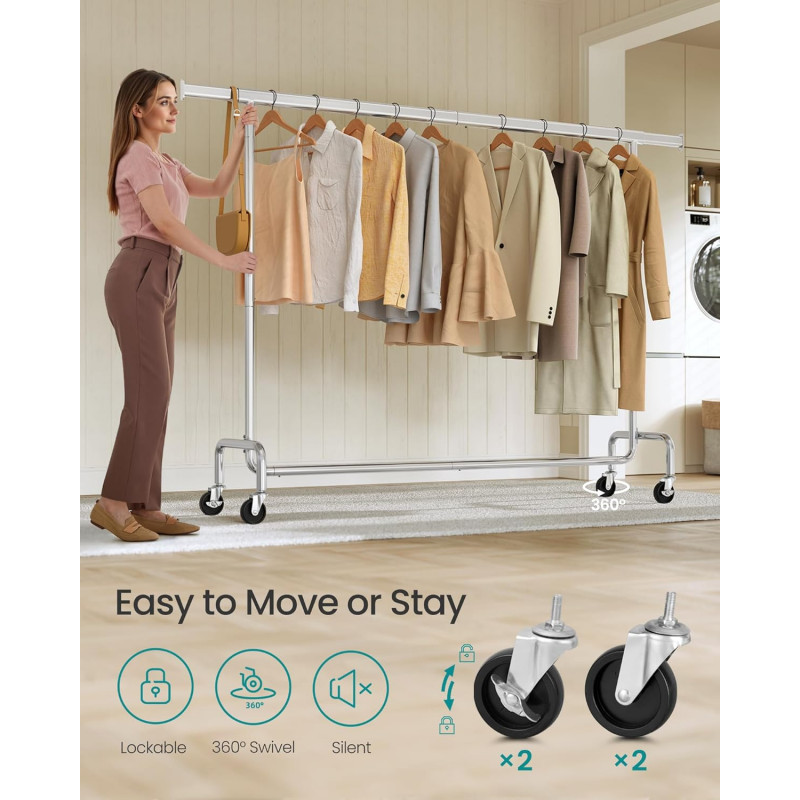 Kraftig klesstativ med hjul – 110 kg, uttrekkbar stang 160–200 cm