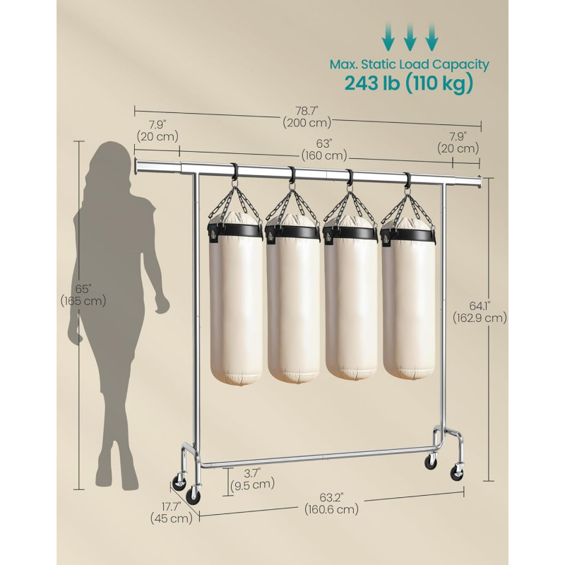 Kraftig klesstativ med hjul – 110 kg, uttrekkbar stang 160–200 cm