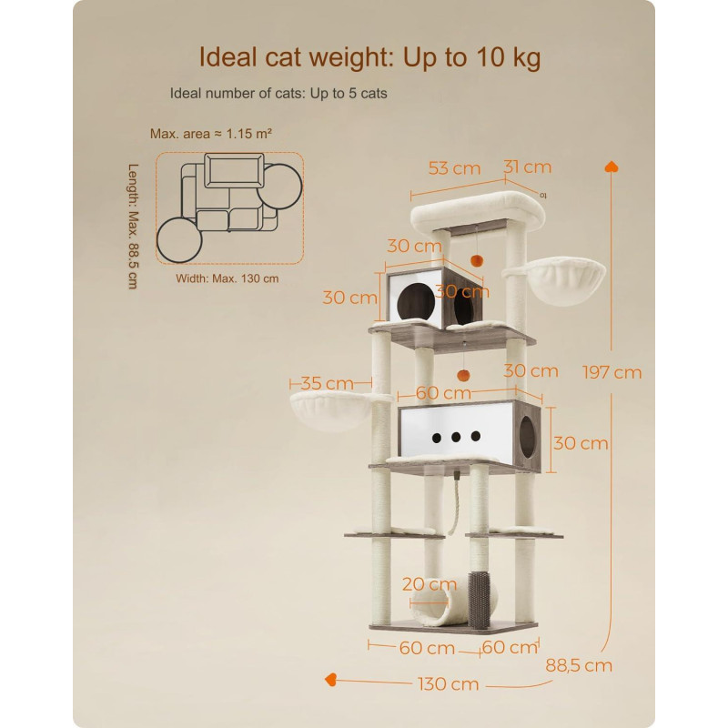 Luksuriøst XXL kloretre 197 cm med tunnel, 2 huler og flere plattformer – beige/greige plysj og sisal