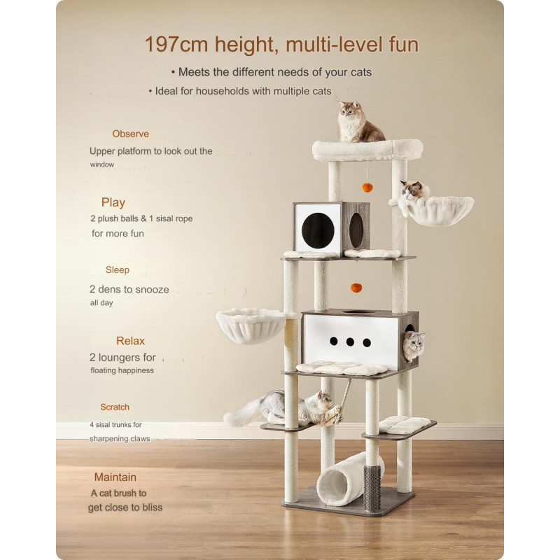 Luksuriøst XXL kloretre 197 cm med tunnel, 2 huler og flere plattformer – beige/greige plysj og sisal