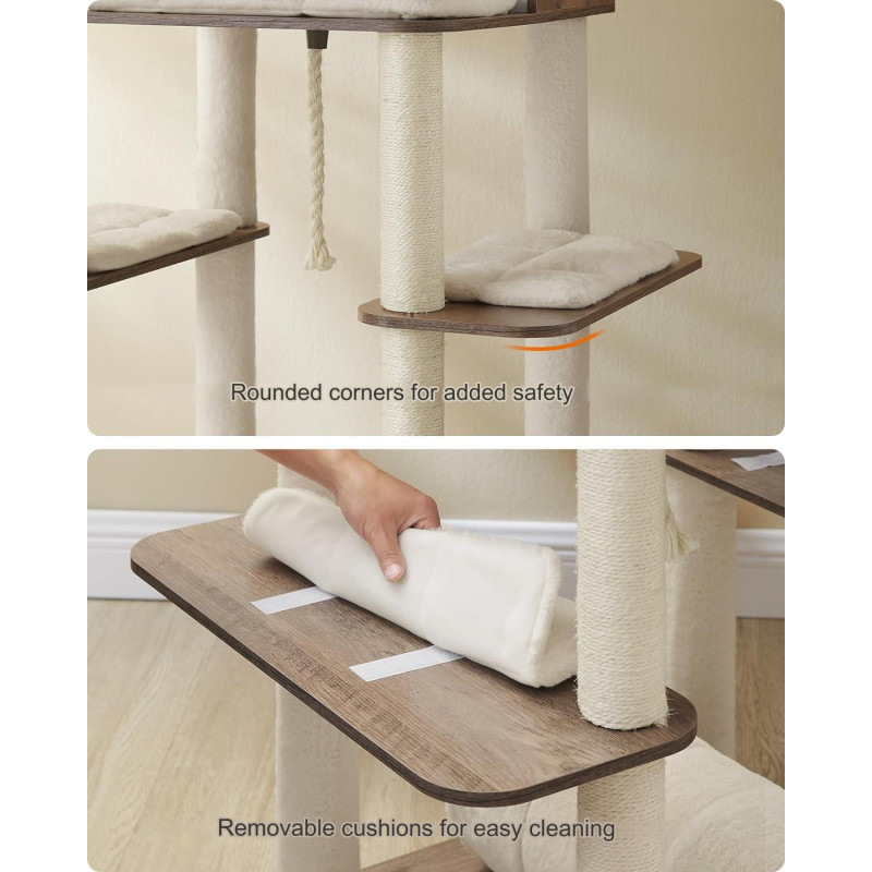 Luksuriøst XXL kloretre 197 cm med tunnel, 2 huler og flere plattformer – beige/greige plysj og sisal