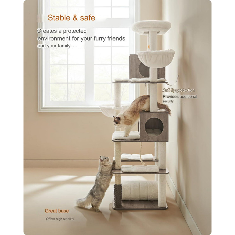 Luksuriøst XXL kloretre 197 cm med tunnel, 2 huler og flere plattformer – beige/greige plysj og sisal