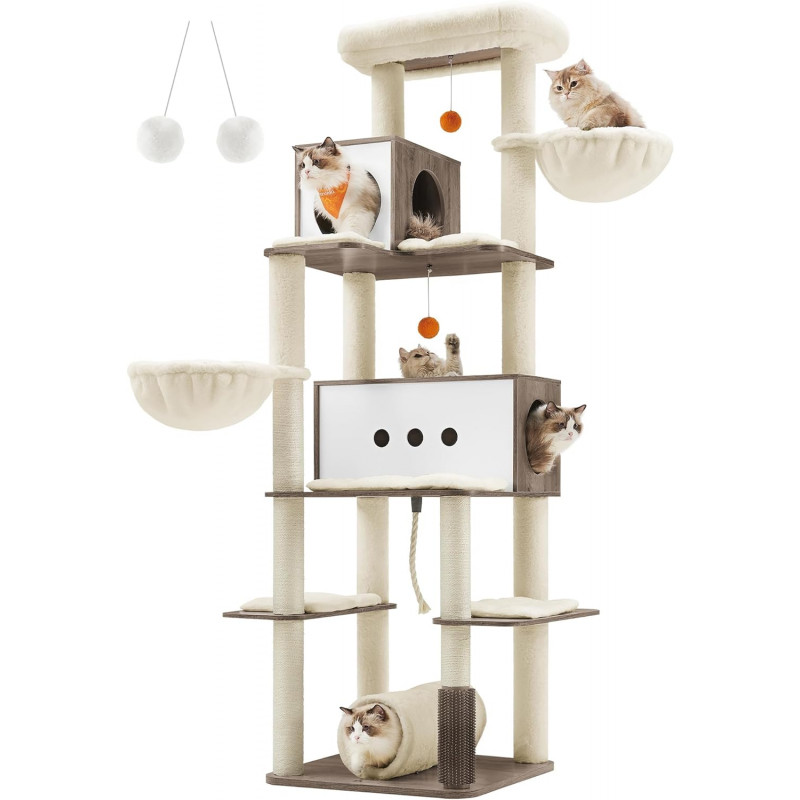 Luksuriøst XXL kloretre 197 cm med tunnel, 2 huler og flere plattformer – beige/greige plysj og sisal