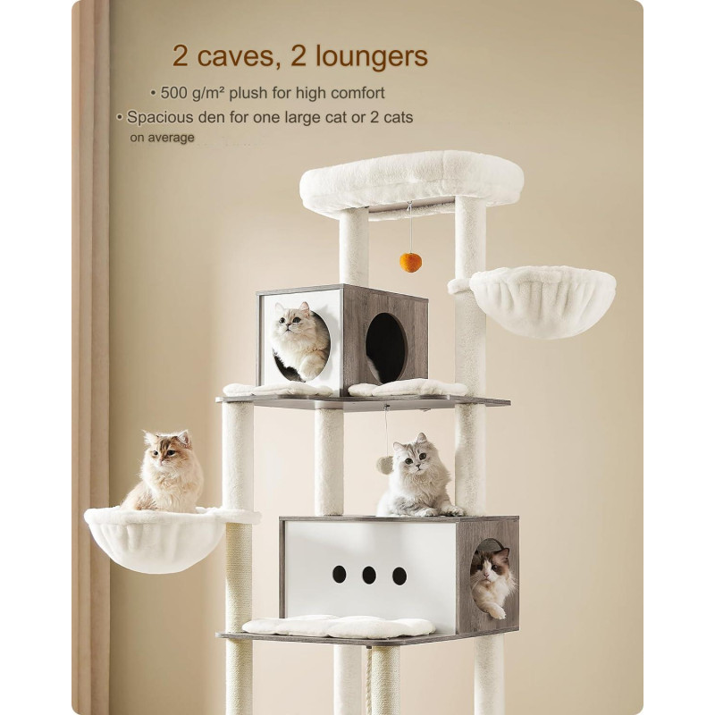 Luksuriøst XXL kloretre 197 cm med tunnel, 2 huler og flere plattformer – beige/greige plysj og sisal