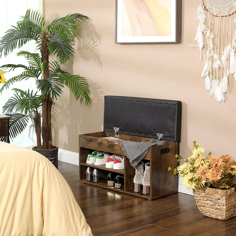 Oppbevaringsbenk 80 cm – brun/svart med skjult oppbevaring og vattert sittepute