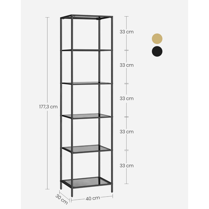 Oppbevaringshylle med 6 nivåer – svart metall og glass, 40 × 30 × 177,3 cm