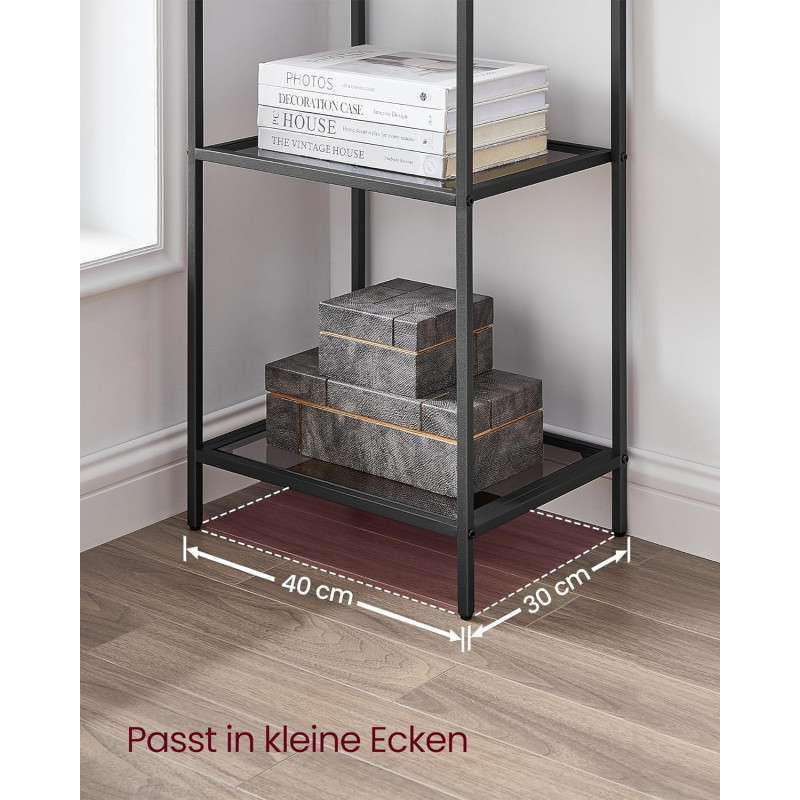 Oppbevaringshylle med 6 nivåer – svart metall og glass, 40 × 30 × 177,3 cm