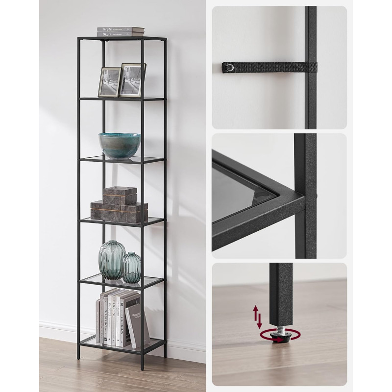 Oppbevaringshylle med 6 nivåer – svart metall og glass, 40 × 30 × 177,3 cm