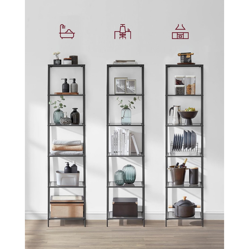 Oppbevaringshylle med 6 nivåer – svart metall og glass, 40 × 30 × 177,3 cm