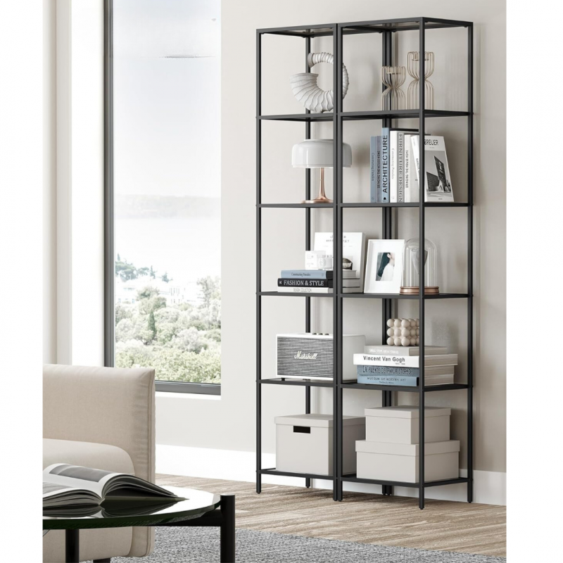 Oppbevaringshylle med 6 nivåer – svart metall og glass, 40 × 30 × 177,3 cm