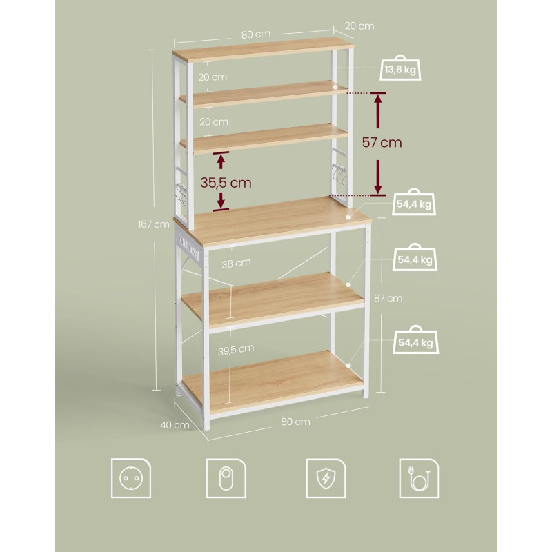 Oppbevaringshylle til kjøkken med stikkontakter – 6 nivåer, 40 × 80 × 167 cm