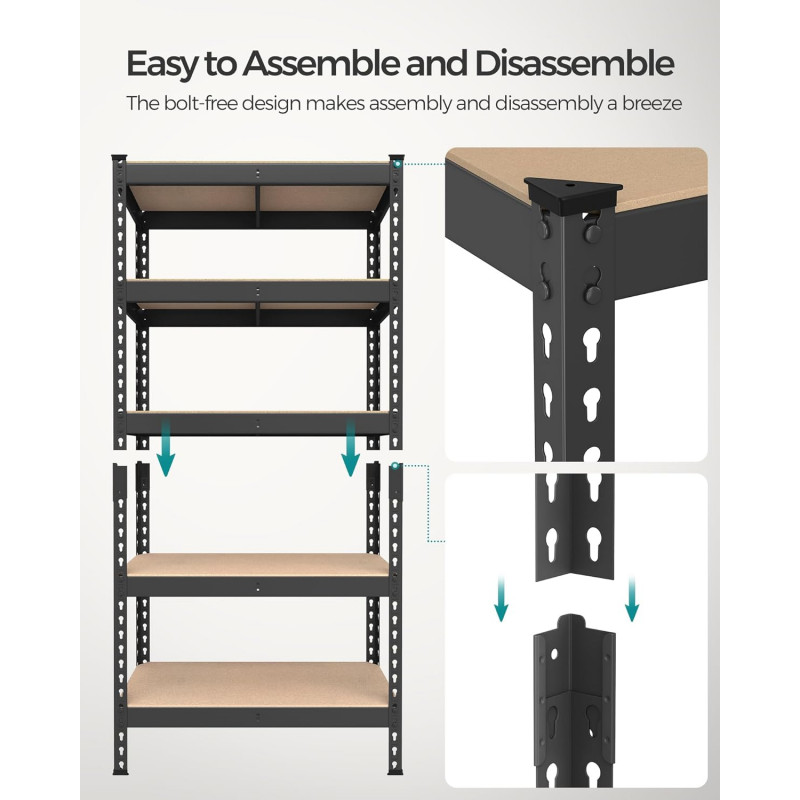 Oppbevaringshyller 2-pakning – Heavy Duty, 5 hyller, 875 kg, 30 × 75 × 150 cm, svart