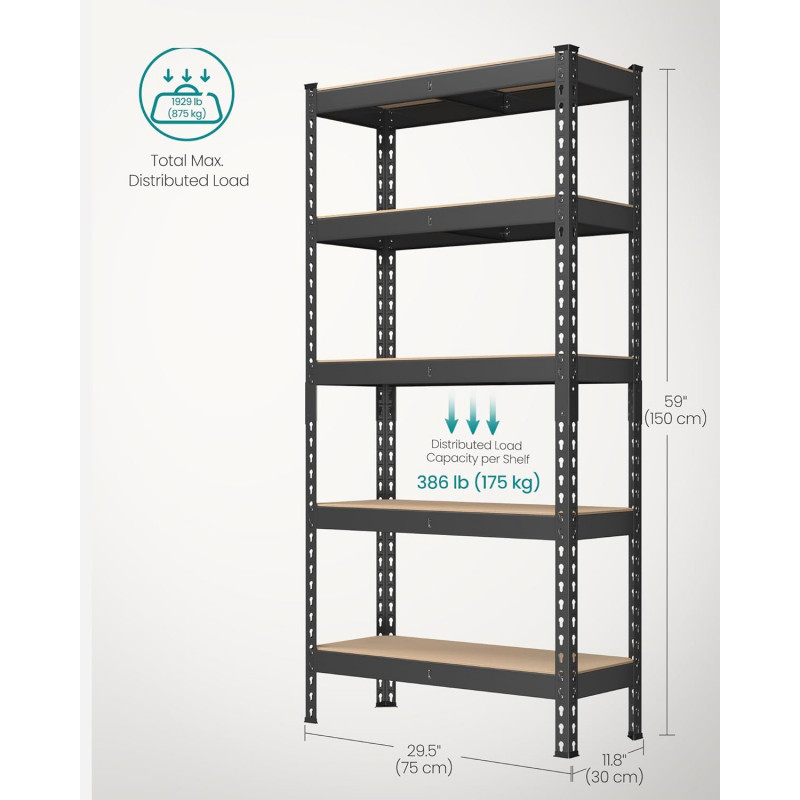 Oppbevaringshyller 2-pakning – Heavy Duty, 5 hyller, 875 kg, 30 × 75 × 150 cm, svart