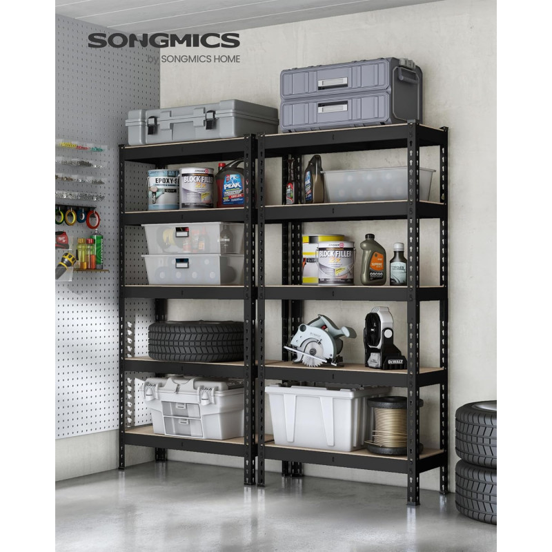 Oppbevaringshyller 2-pakning – Heavy Duty, 5 hyller, 875 kg, 30 × 75 × 150 cm, svart