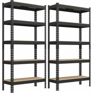 Oppbevaringshyller 2-pakning – Heavy Duty, 5 hyller, 875 kg, 30 × 75 × 150 cm, svart