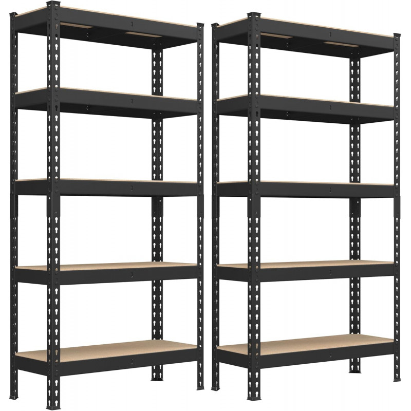 Oppbevaringshyller 2-pakning – Heavy Duty, 5 hyller, 875 kg, 30 × 75 × 150 cm, svart