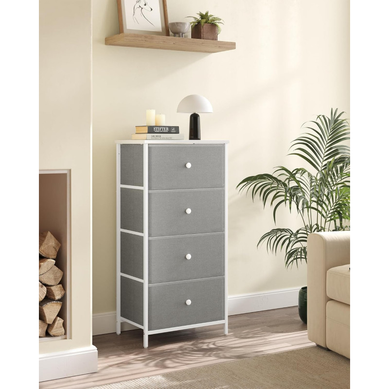 Oppbevaringskommode med 4 stoffskuffer – metallramme, lysegrå og hvit (45 × 30 × 91,7 cm)