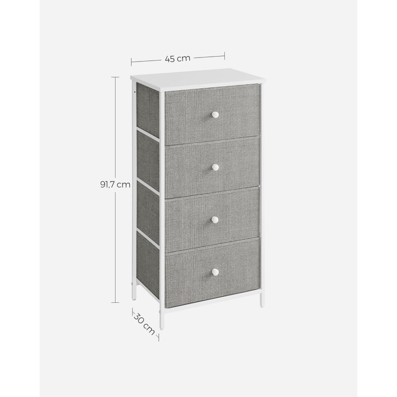Oppbevaringskommode med 4 stoffskuffer – metallramme, lysegrå og hvit (45 × 30 × 91,7 cm)