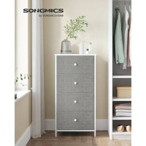 Oppbevaringskommode med 4 stoffskuffer – metallramme, lysegrå og hvit (45 × 30 × 91,7 cm)