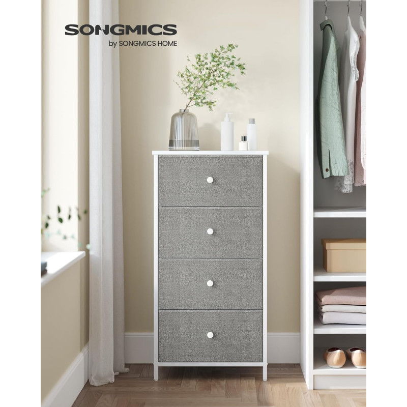 Oppbevaringskommode med 4 stoffskuffer – metallramme, lysegrå og hvit (45 × 30 × 91,7 cm)