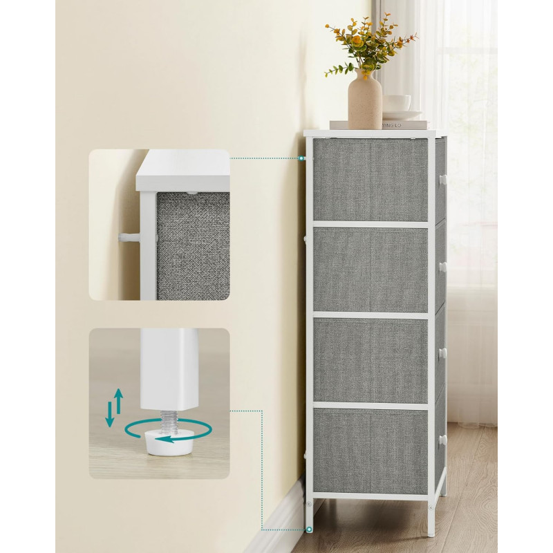 Oppbevaringskommode med 4 stoffskuffer – metallramme, lysegrå og hvit (45 × 30 × 91,7 cm)