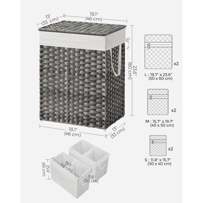 Oppdelt skittentøyskurv med lokk, 2 rom – 90 liter, grå (33 × 46 × 60 cm)