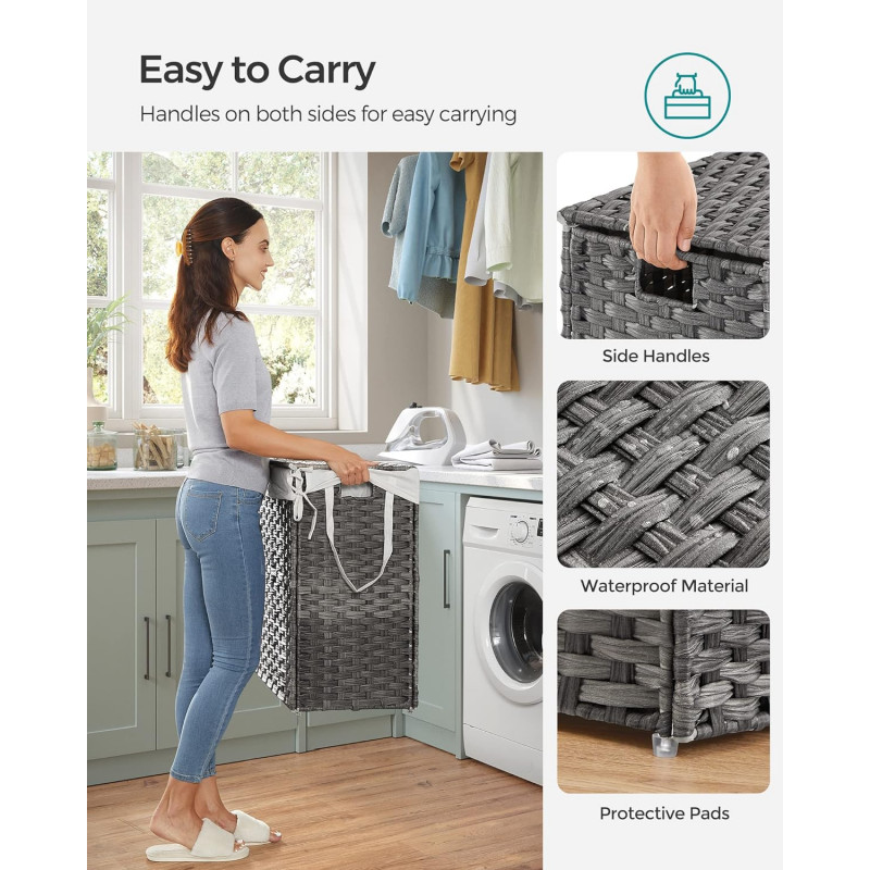 Oppdelt skittentøyskurv med lokk, 2 rom – 90 liter, grå (33 × 46 × 60 cm)