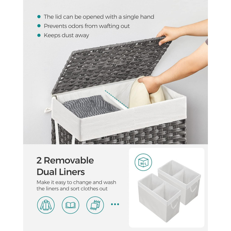 Oppdelt skittentøyskurv med lokk, 2 rom – 90 liter, grå (33 × 46 × 60 cm)