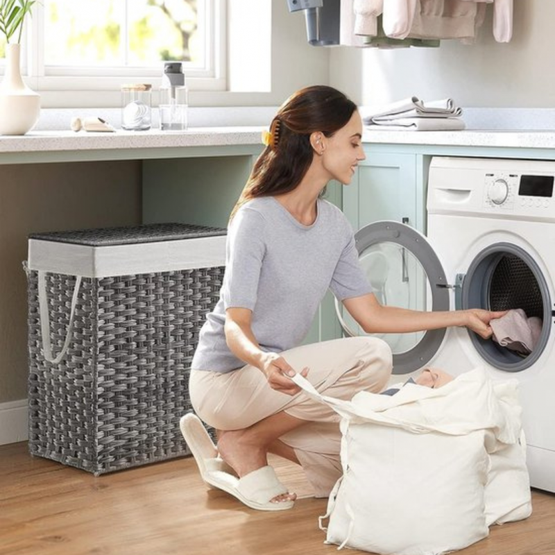 Oppdelt skittentøyskurv med lokk, 2 rom – 90 liter, grå (33 × 46 × 60 cm)