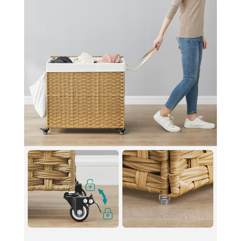 Rullbar klesvasksorterer 160 L – 3 rom, natur, 70 × 36 × 66 cm